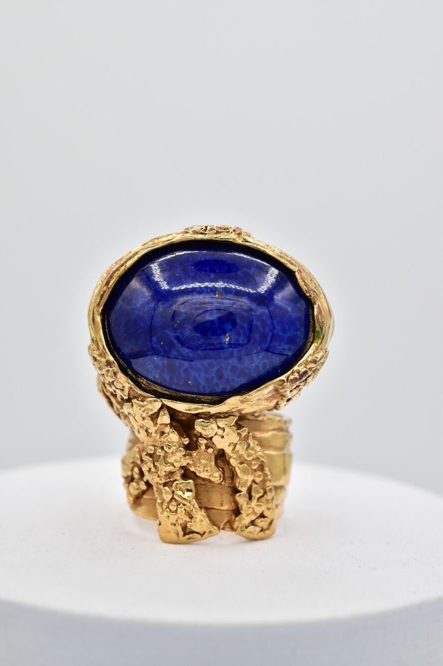 YSL Yves Saint Laurent Arty Ring Blue Lapis Cabochon Gold Statement Size 7 Y2K